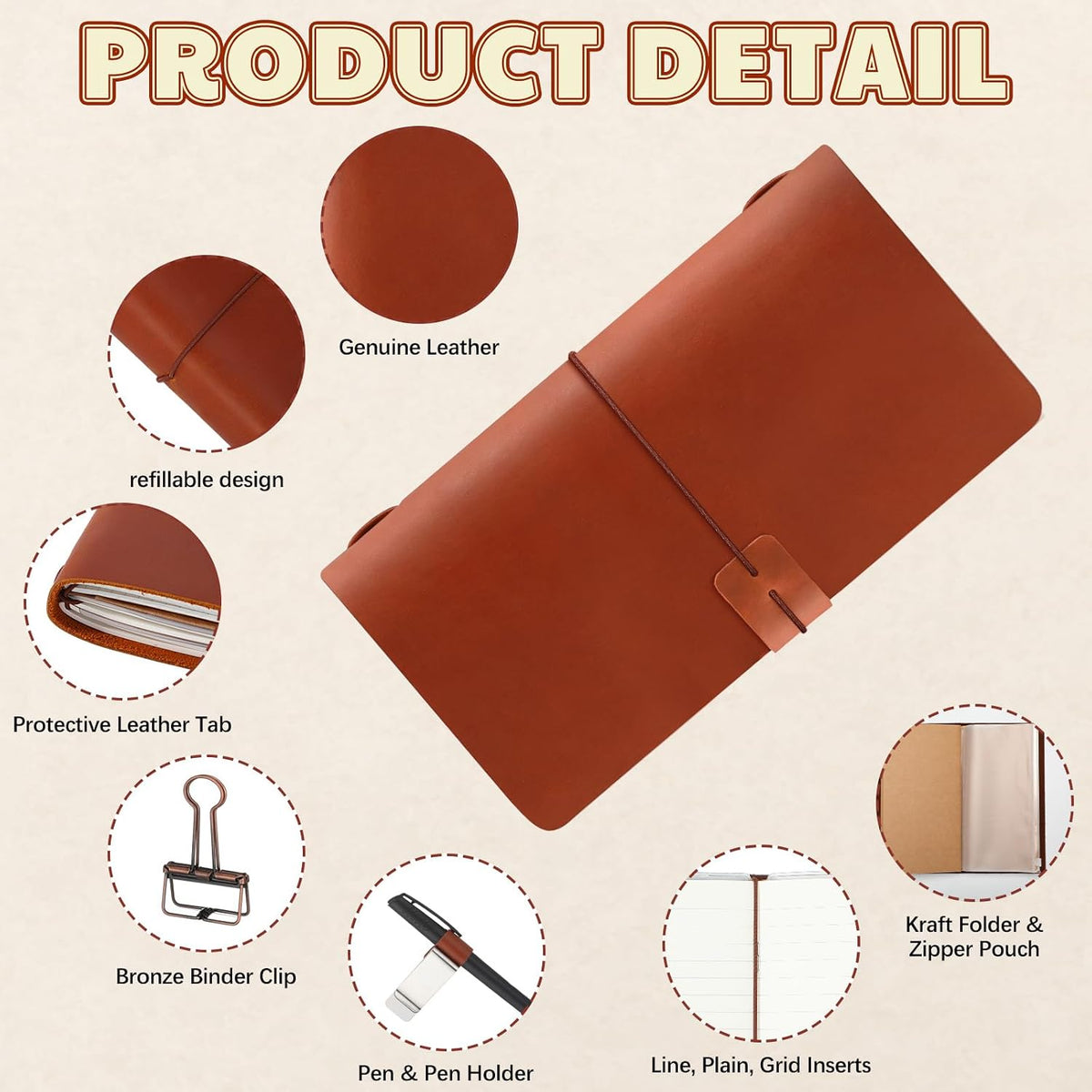 Refillable Leather Travel Journal — Brown